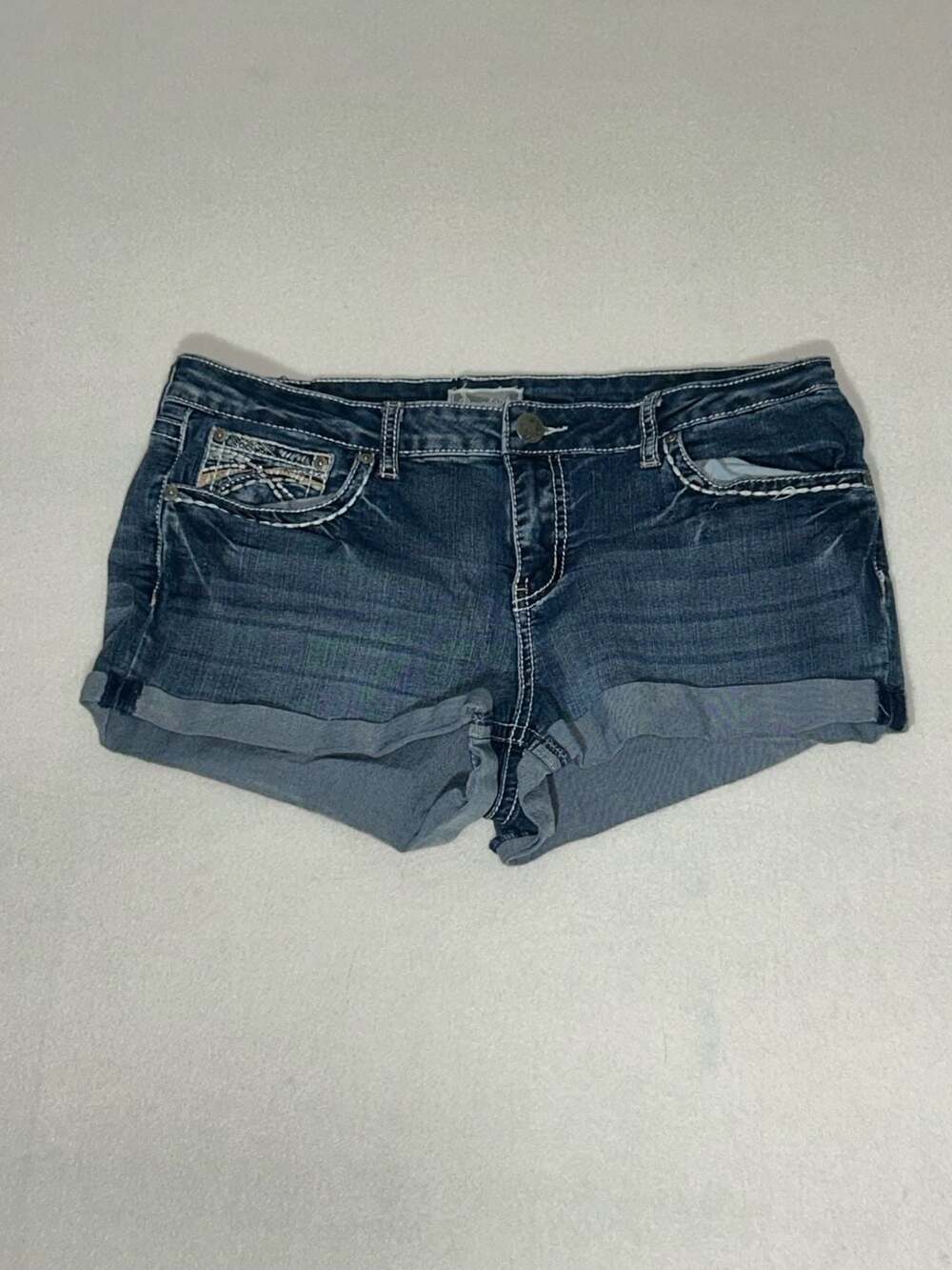 Soundgirl Women Size 15 Distressed Blue Denim Jean Shorts with Embellished Pocke